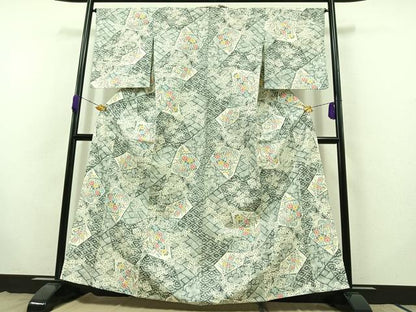 平和屋着物▽上質な小紋 単衣 紬地 切嵌花文 金彩 正絹 逸品 AABB8020jh