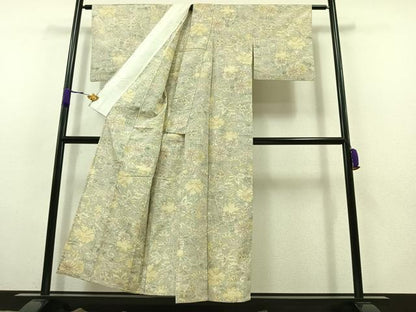 平和屋着物▽上質な紬 単衣 草花文 正絹 逸品 AABB8021jh
