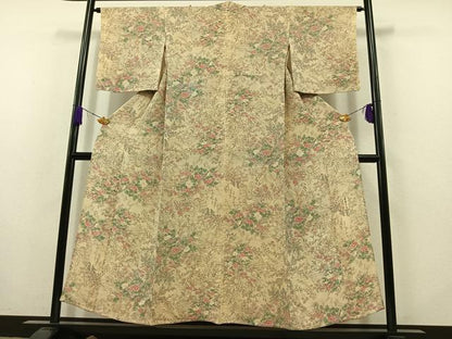 平和屋着物▽上質な小紋　単衣　草花文　鬼しぼ縮緬　正絹　逸品　AABB8023jh