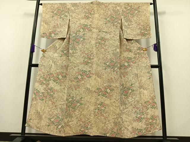 平和屋着物▽上質な小紋　単衣　草花文　鬼しぼ縮緬　正絹　逸品　AABB8023jh