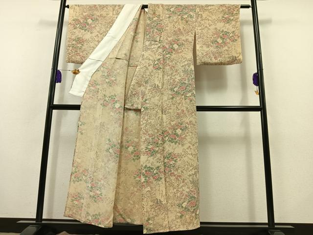 平和屋着物▽上質な小紋　単衣　草花文　鬼しぼ縮緬　正絹　逸品　AABB8023jh