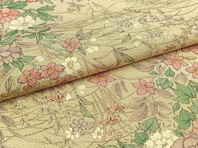 平和屋着物▽上質な小紋　単衣　草花文　鬼しぼ縮緬　正絹　逸品　AABB8023jh