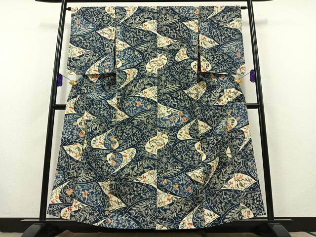 平和屋着物▽上質な小紋 単衣 型染め 草花文 正絹 逸品 AABB8024jh
