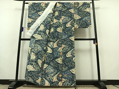 平和屋着物▽上質な小紋 単衣 型染め 草花文 正絹 逸品 AABB8024jh