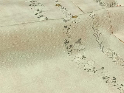 平和屋着物▽上質な紬　単衣　手描き　草花文　正絹　逸品　AABB8025jh