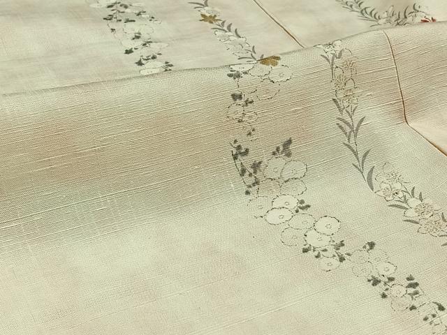 平和屋着物▽上質な紬　単衣　手描き　草花文　正絹　逸品　AABB8025jh