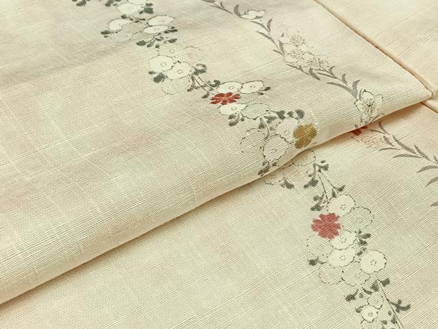 平和屋着物▽上質な紬　単衣　手描き　草花文　正絹　逸品　AABB8025jh