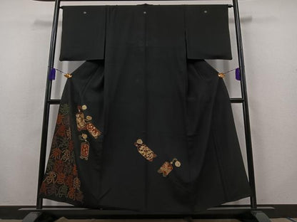 平和屋着物▽豪華黒留袖 単衣 駒刺繍 寿字文 金糸 金彩 正絹 逸品 AABB8026jh