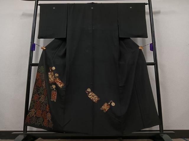 平和屋着物▽豪華黒留袖 単衣 駒刺繍 寿字文 金糸 金彩 正絹 逸品 AABB8026jh