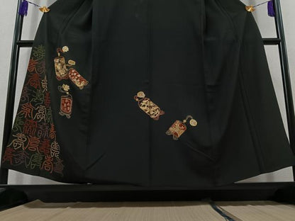 平和屋着物▽豪華黒留袖 単衣 駒刺繍 寿字文 金糸 金彩 正絹 逸品 AABB8026jh