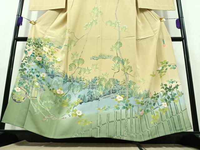 平和屋着物▽訪問着 単衣 友禅 作家物 風景花文 暈し染め 正絹 逸品 AABB8027jh