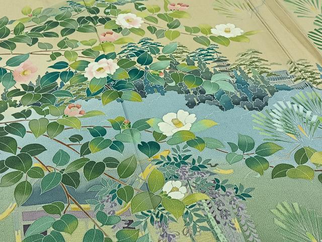 平和屋着物▽訪問着 単衣 友禅 作家物 風景花文 暈し染め 正絹 逸品 AABB8027jh