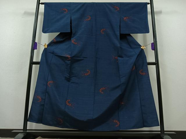 平和屋着物▽上質な紬 単衣 海老 正絹 逸品 AABB8028jh