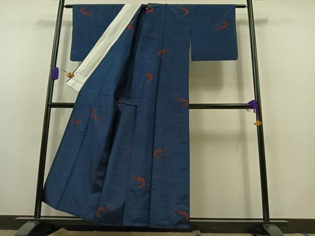 平和屋着物▽上質な紬 単衣 海老 正絹 逸品 AABB8028jh