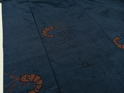 平和屋着物▽上質な紬 単衣 海老 正絹 逸品 AABB8028jh
