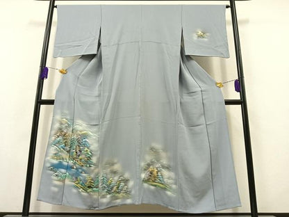 平和屋着物▽訪問着 単衣 手描き 風景文 暈し染め 金彩 正絹 逸品 AABB8034jh