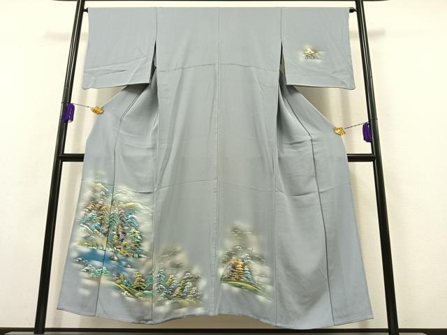 平和屋着物▽訪問着 単衣 手描き 風景文 暈し染め 金彩 正絹 逸品 AABB8034jh