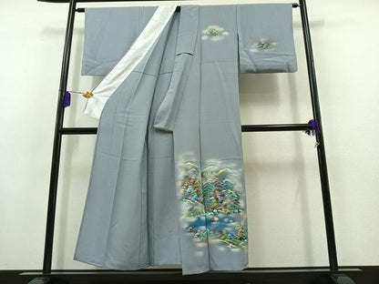 平和屋着物▽訪問着 単衣 手描き 風景文 暈し染め 金彩 正絹 逸品 AABB8034jh