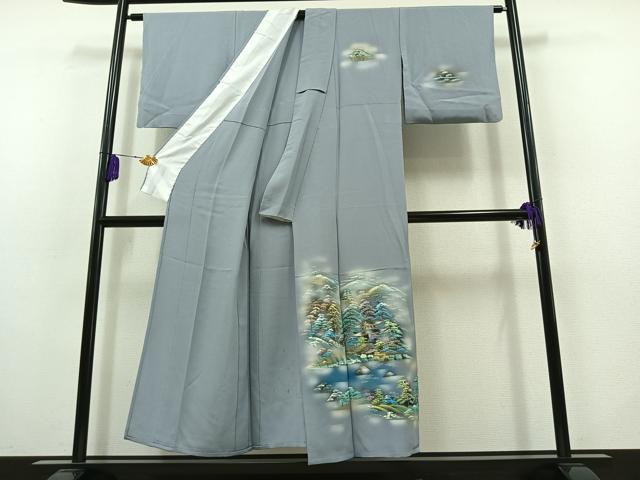 平和屋着物▽訪問着 単衣 手描き 風景文 暈し染め 金彩 正絹 逸品 AABB8034jh