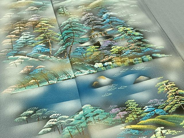 平和屋着物▽訪問着 単衣 手描き 風景文 暈し染め 金彩 正絹 逸品 AABB8034jh