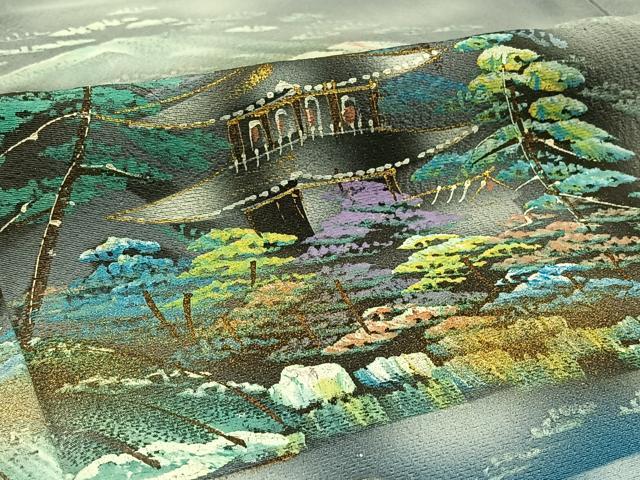 平和屋着物▽訪問着 単衣 手描き 風景文 暈し染め 金彩 正絹 逸品 AABB8034jh