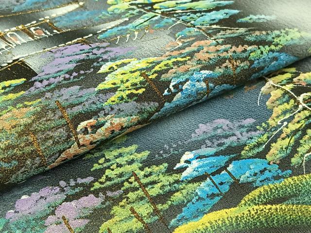 平和屋着物▽訪問着 単衣 手描き 風景文 暈し染め 金彩 正絹 逸品 AABB8034jh