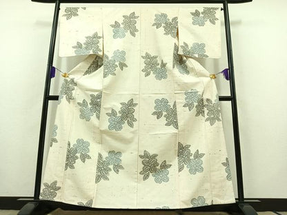 平和屋着物▽上質な紬 単衣 草花文 正絹 逸品 AABB8039jh