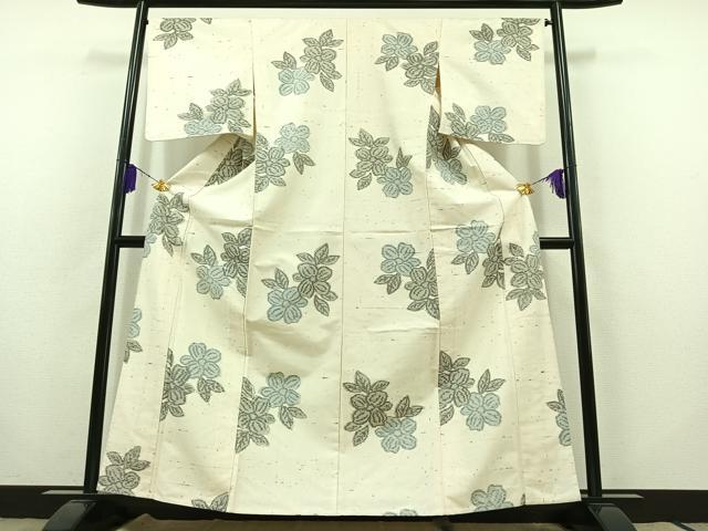 平和屋着物▽上質な紬 単衣 草花文 正絹 逸品 AABB8039jh