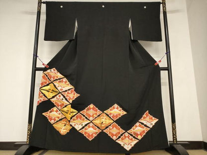 平和屋着物■豪華黒留袖　駒刺繍　松皮菱双鶴花文　金彩　正絹　逸品　AABB8047br