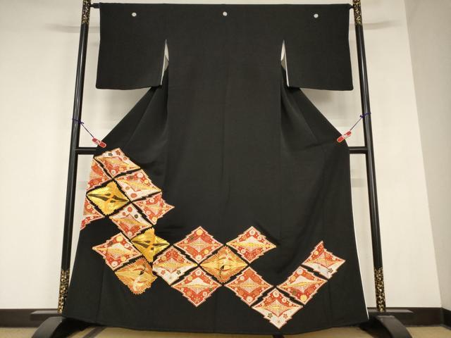 平和屋着物■豪華黒留袖　駒刺繍　松皮菱双鶴花文　金彩　正絹　逸品　AABB8047br