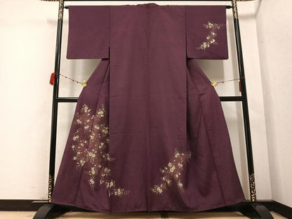 平和屋着物●訪問着　紬地　手描き　枝花文　正絹　逸品　AABB8176ph