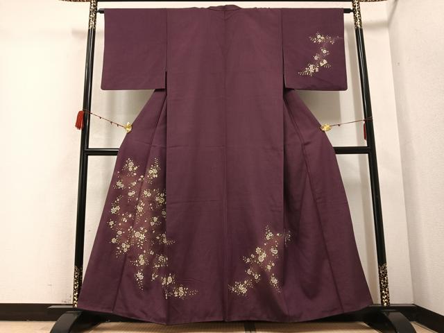 平和屋着物●訪問着　紬地　手描き　枝花文　正絹　逸品　AABB8176ph