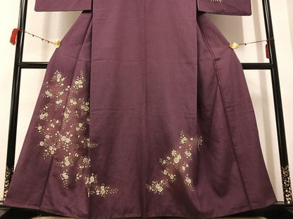 平和屋着物●訪問着　紬地　手描き　枝花文　正絹　逸品　AABB8176ph