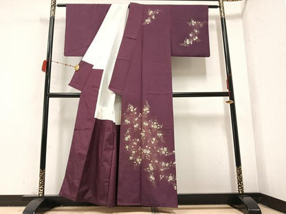 平和屋着物●訪問着　紬地　手描き　枝花文　正絹　逸品　AABB8176ph