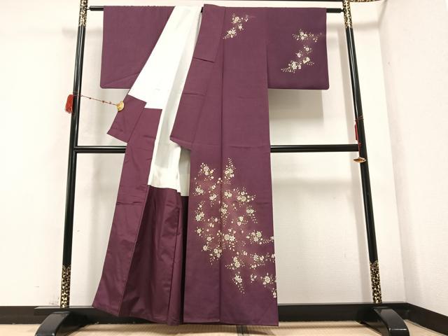 平和屋着物●訪問着　紬地　手描き　枝花文　正絹　逸品　AABB8176ph