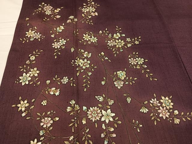 平和屋着物●訪問着　紬地　手描き　枝花文　正絹　逸品　AABB8176ph