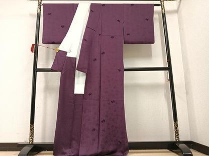 平和屋着物●上質な色無地 花鳥唐草地紋 滅紫色 輪奈ビロード 正絹 逸品 AABB8178ph