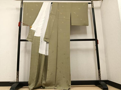 平和屋着物●上質な色無地 花地紋 油色 正絹 逸品 AABB8232ph