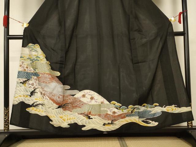 平和屋着物＊夏物　アンティーク　大正ロマン　黒留袖　絽　刺繍　立波吉祥文　金糸　金銀彩　正絹　逸品　AABB8245jd