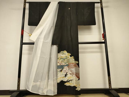 平和屋着物＊夏物　アンティーク　大正ロマン　黒留袖　絽　刺繍　立波吉祥文　金糸　金銀彩　正絹　逸品　AABB8245jd