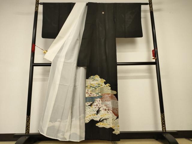 平和屋着物＊夏物　アンティーク　大正ロマン　黒留袖　絽　刺繍　立波吉祥文　金糸　金銀彩　正絹　逸品　AABB8245jd