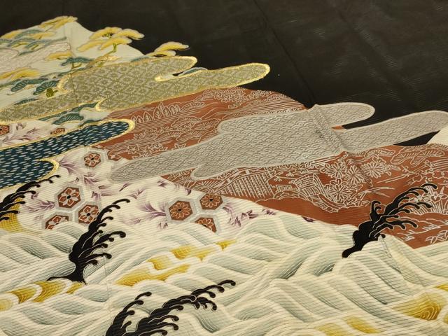 平和屋着物＊夏物　アンティーク　大正ロマン　黒留袖　絽　刺繍　立波吉祥文　金糸　金銀彩　正絹　逸品　AABB8245jd