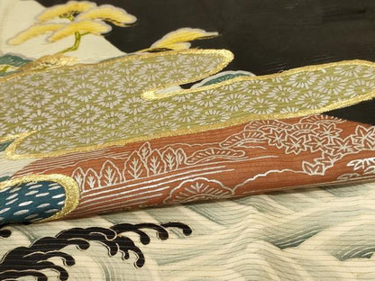 平和屋着物＊夏物　アンティーク　大正ロマン　黒留袖　絽　刺繍　立波吉祥文　金糸　金銀彩　正絹　逸品　AABB8245jd