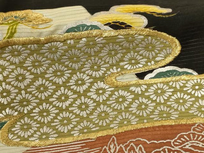 平和屋着物＊夏物　アンティーク　大正ロマン　黒留袖　絽　刺繍　立波吉祥文　金糸　金銀彩　正絹　逸品　AABB8245jd
