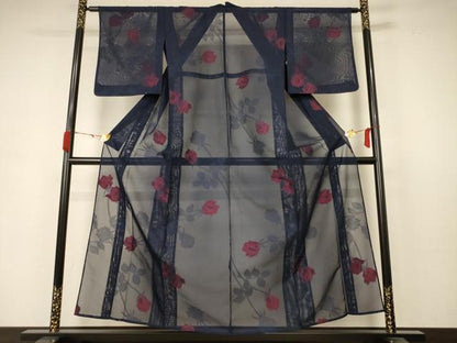 平和屋着物＊夏物　小紋　紗　薔薇　正絹　逸品　未使用　AABB8258jd