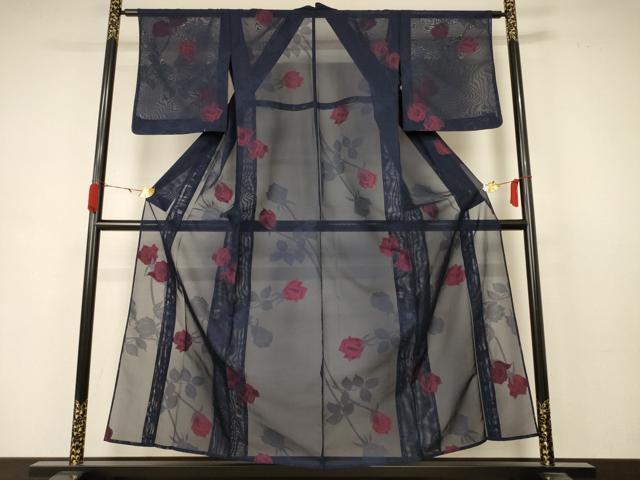 平和屋着物＊夏物　小紋　紗　薔薇　正絹　逸品　未使用　AABB8258jd