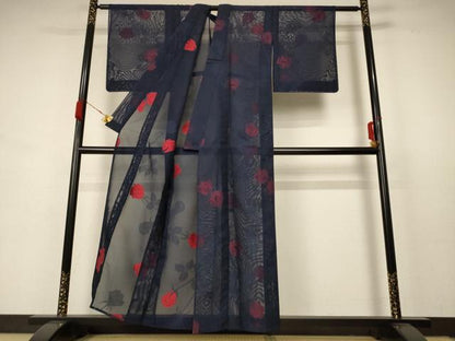 平和屋着物＊夏物　小紋　紗　薔薇　正絹　逸品　未使用　AABB8258jd