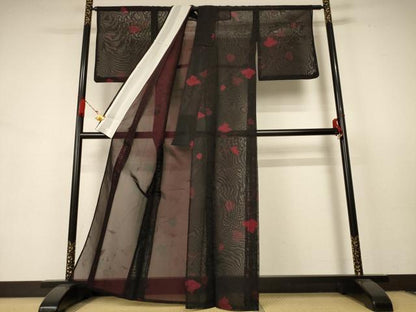 平和屋着物＊夏物 小紋 紗 草花文 正絹 逸品 AABB8261jd