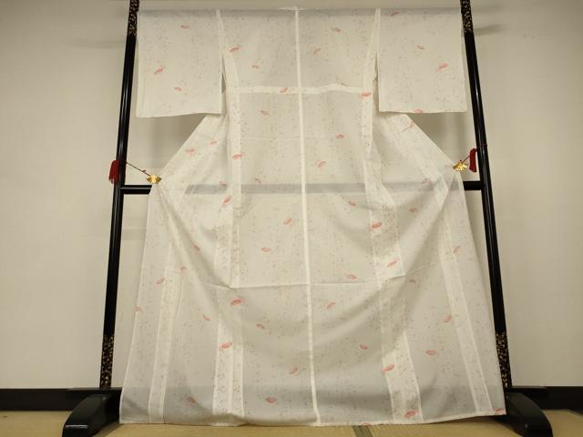 平和屋着物＊夏物 小紋 絽 扇面花文 ロング丈 洗える着物 AABB8281jd