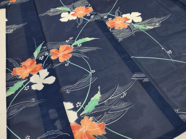 平和屋着物＊夏物 小紋 絽 立波草花文 洗える着物 AABB8287jd